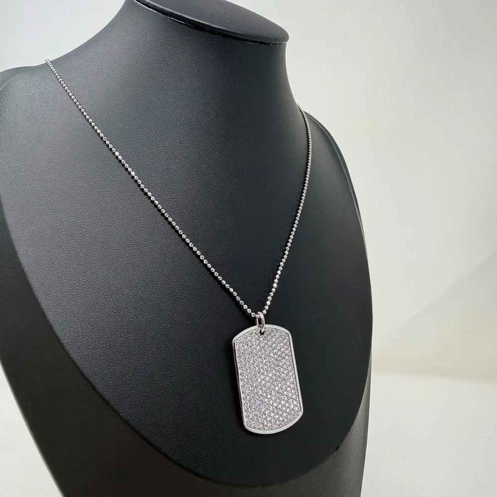 925 Sterling Silver CZ Dog Tag Necklace Made in Turkey Ball Chain Unisex Pendant